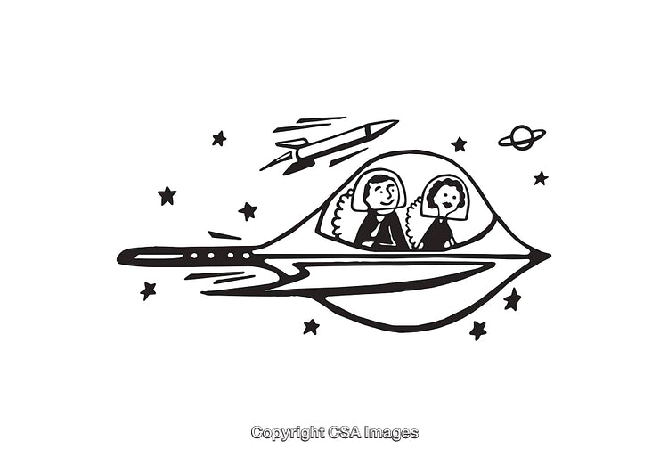 Black and White Spacecraft Illustration With Characters and Cosmic Background