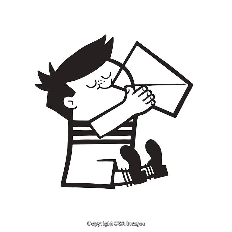 Black and White Illustration of Child Blowing a Horn
