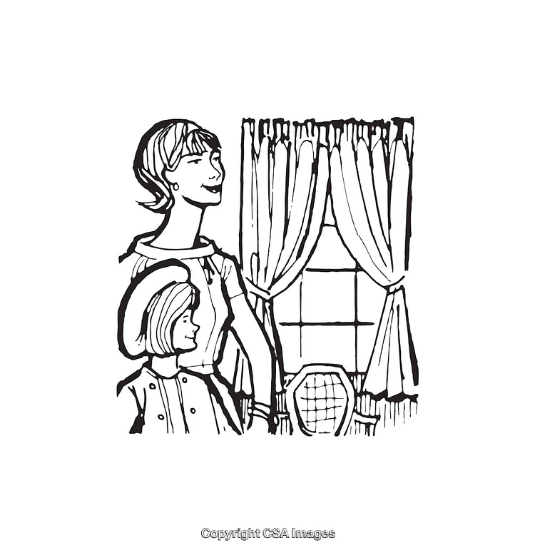 Vintage Line Art of Mother and Daughter in Domestic Scene