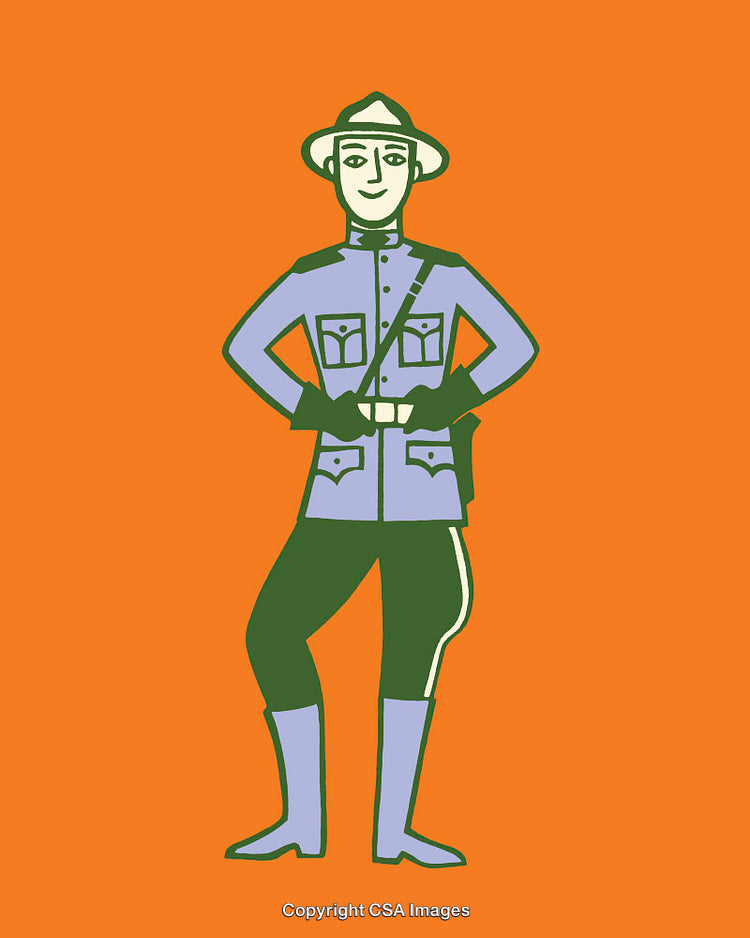 Illustrated Mountaineer Character in Uniform on Vibrant Orange Background