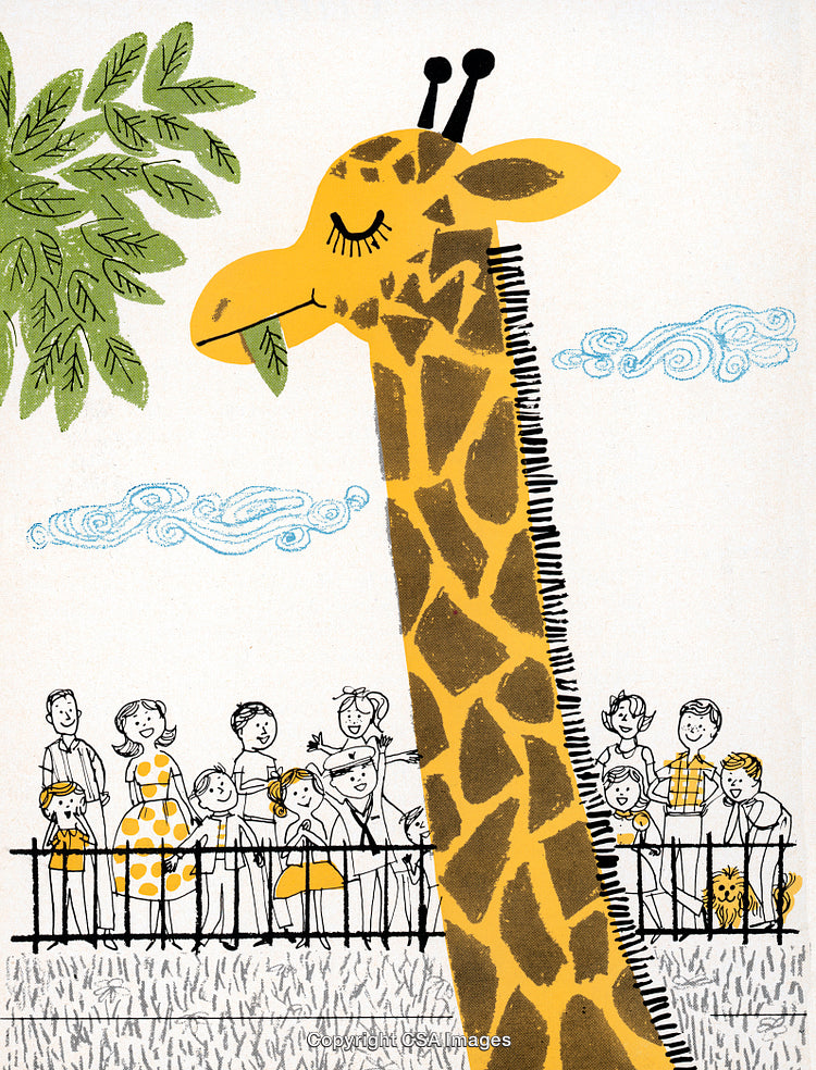 Illustration of a Giraffe at the Zoo Observed by a Group of Visitors