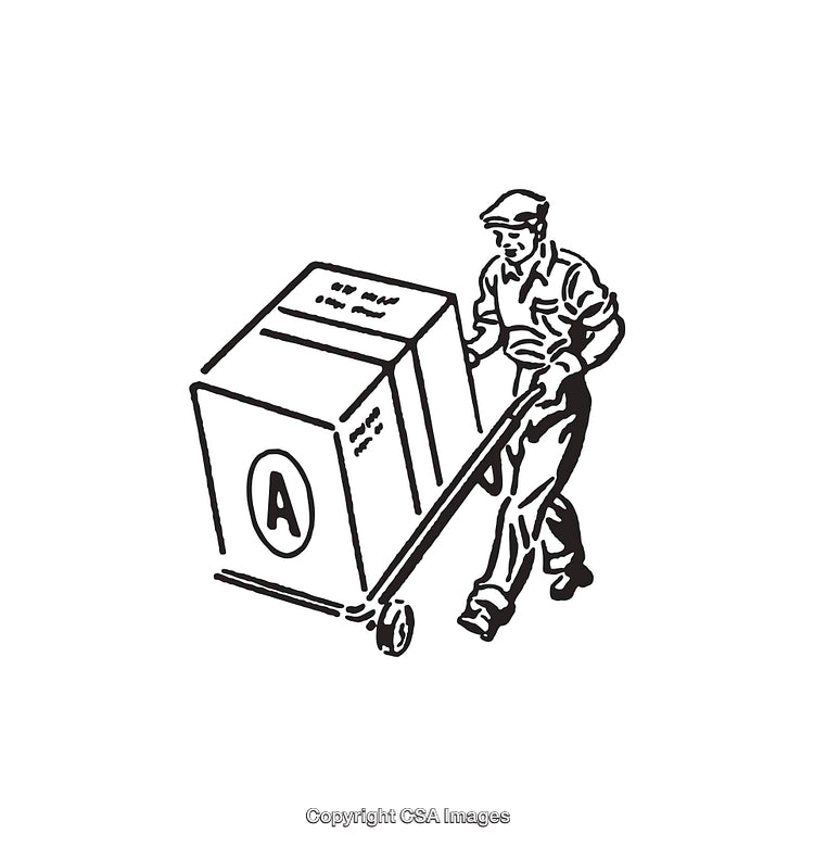 Vintage Line Art of Worker Pushing Hand Truck with Box