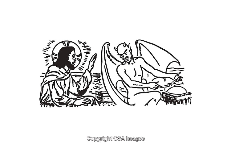Religious Line Art Depicting a Divine Confrontation Scene in Black and White