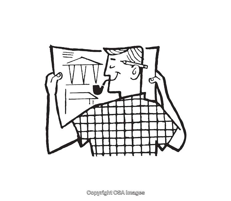 Black and White Illustration of a Man Reviewing Architectural Drawings
