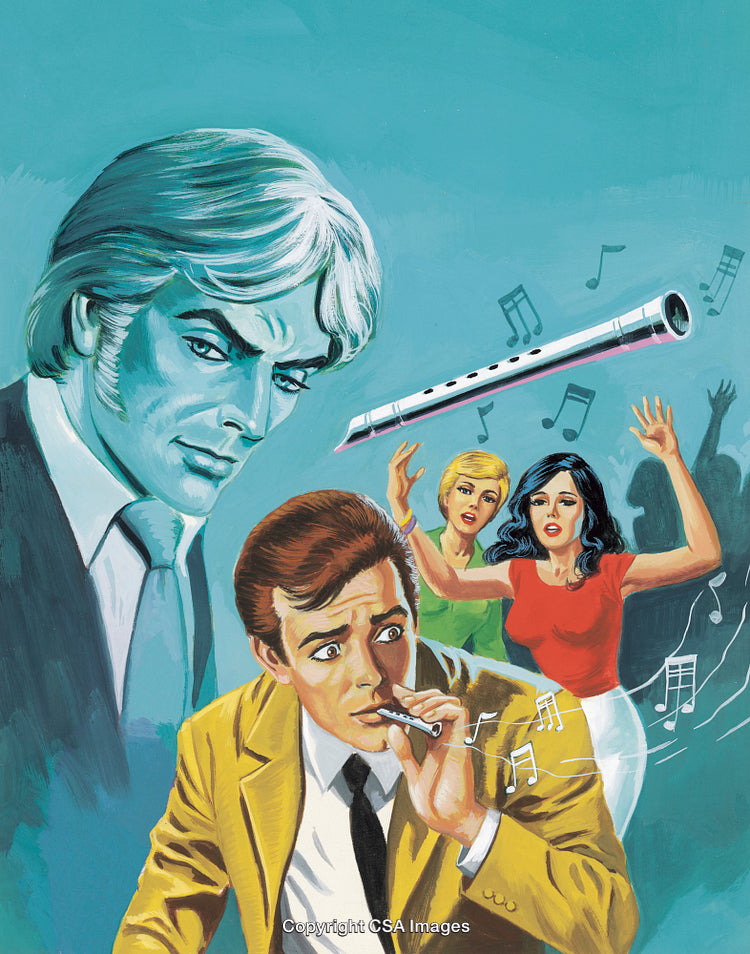 Retro Illustration of a Flute Player Capturing Emotional Reactions and Surreal Atmosphere