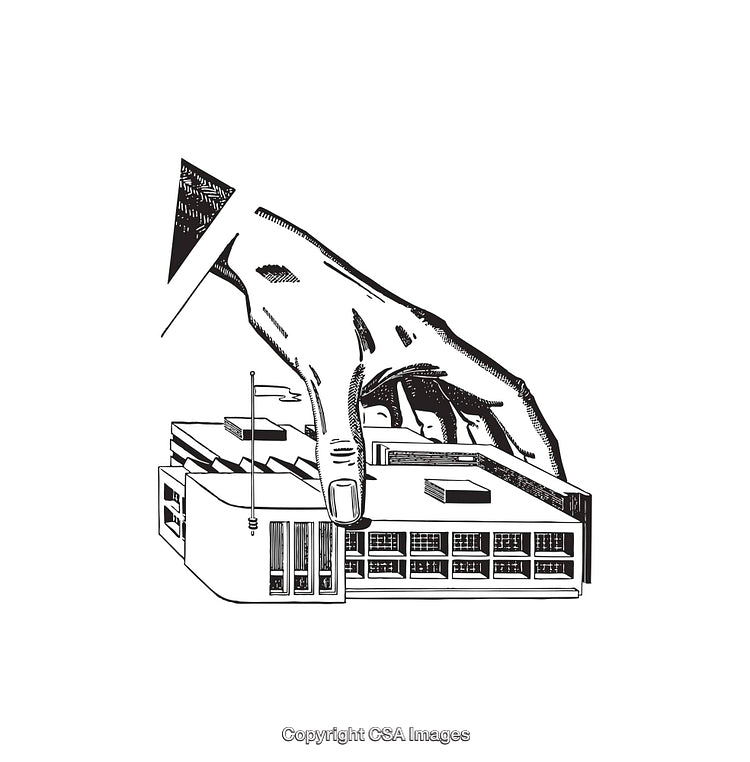 Monochrome Line Art of Hand Holding a Modern Building