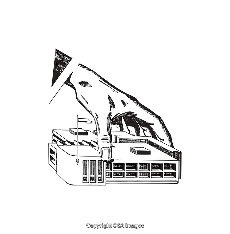 Monochrome Line Art of Hand Holding a Modern Building