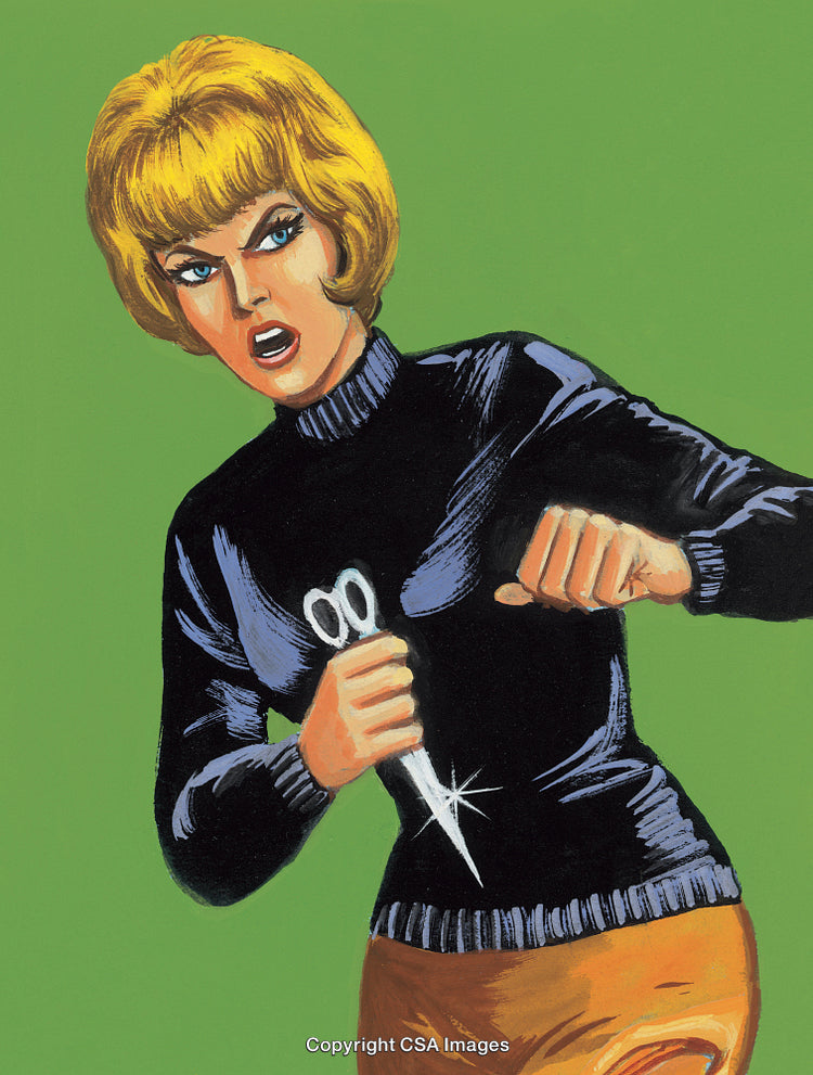 Expressive Pop Art Woman Holding Scissors on a Green Background