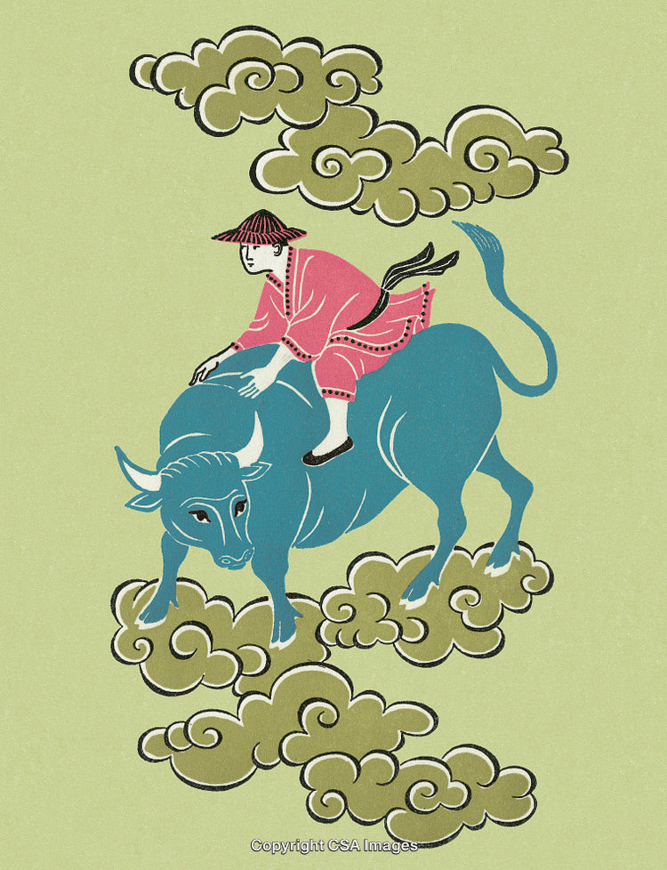 Traditional Artwork of a Person Riding a Bull Among Decorative Clouds