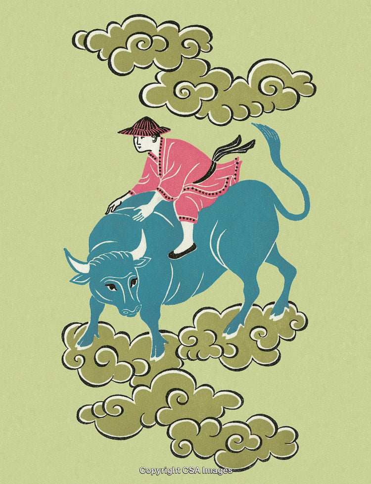 Traditional Artwork of a Person Riding a Bull Among Decorative Clouds