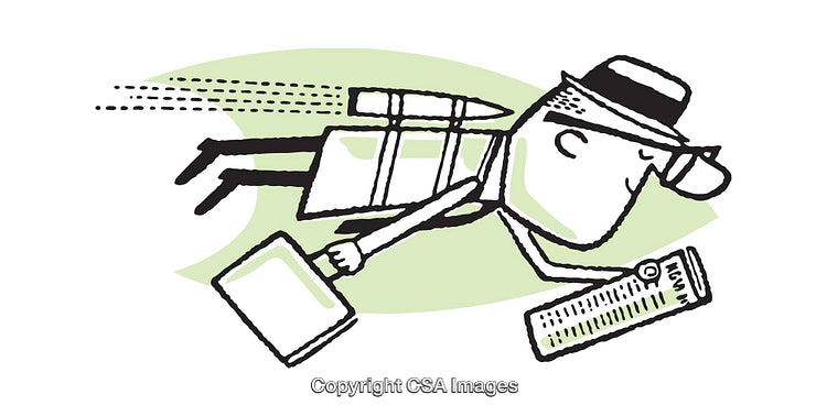 Dynamic Businessman Flying With Jetpack While Holding Briefcase and Newspaper