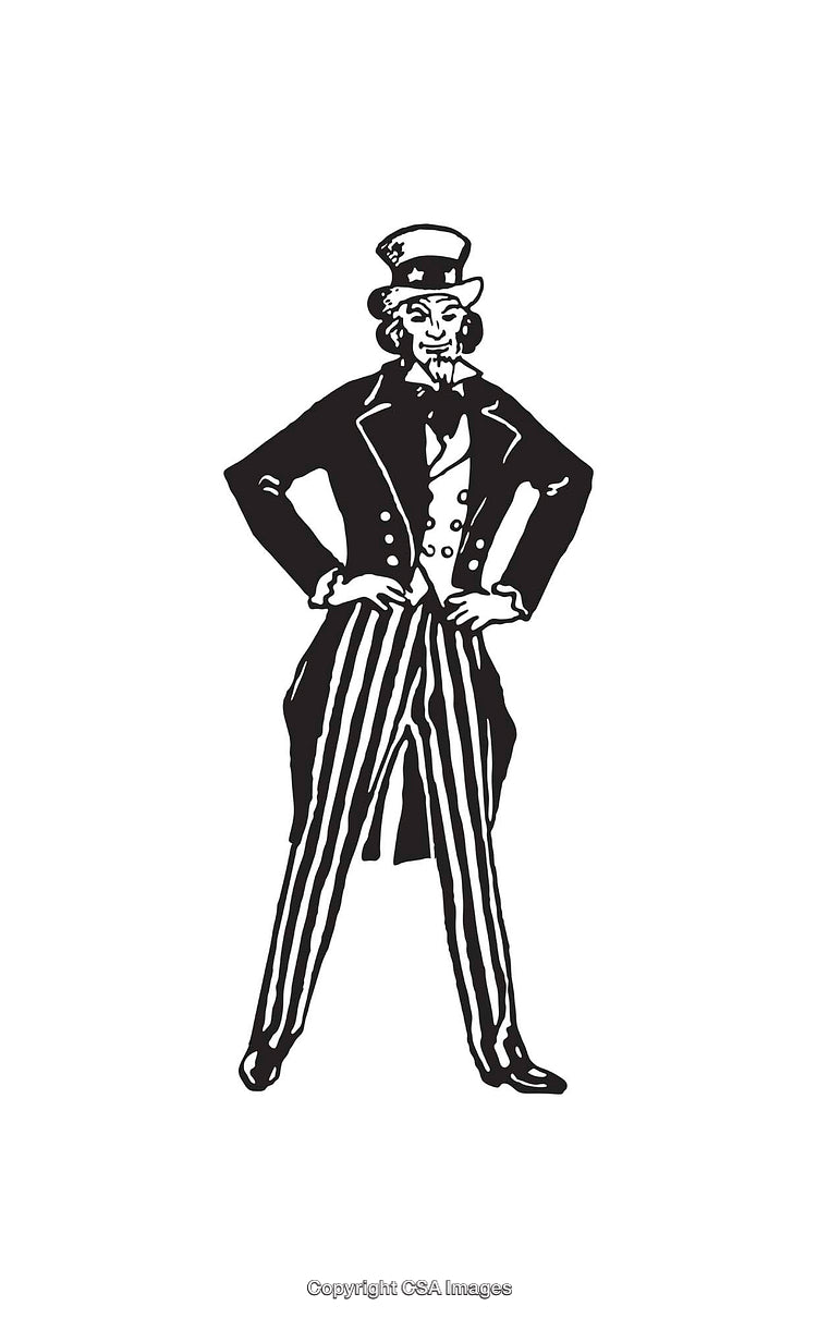 Vintage Black and White Line Art Illustration of a Patriotic Figure