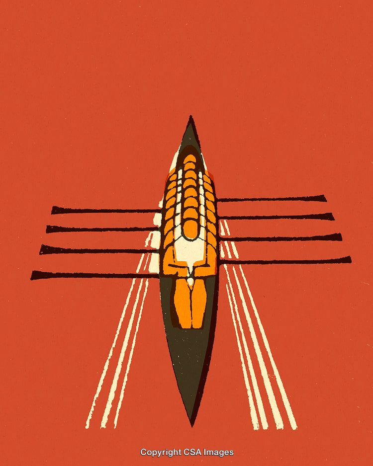 Vintage Illustration of Rowing Team in a Boat with Oars in Motion