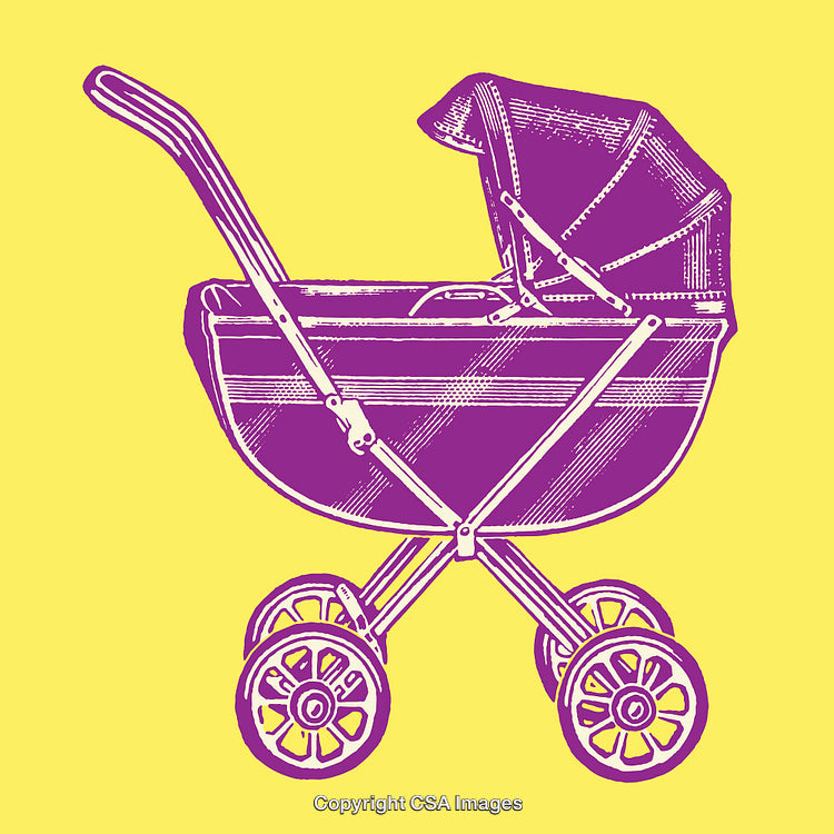 Vintage Baby Stroller Illustration in Purple on a Yellow Background