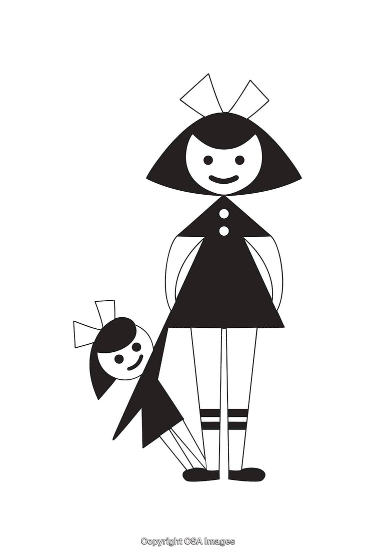 Charming Black and White Illustration of Two Stylized Female Figures