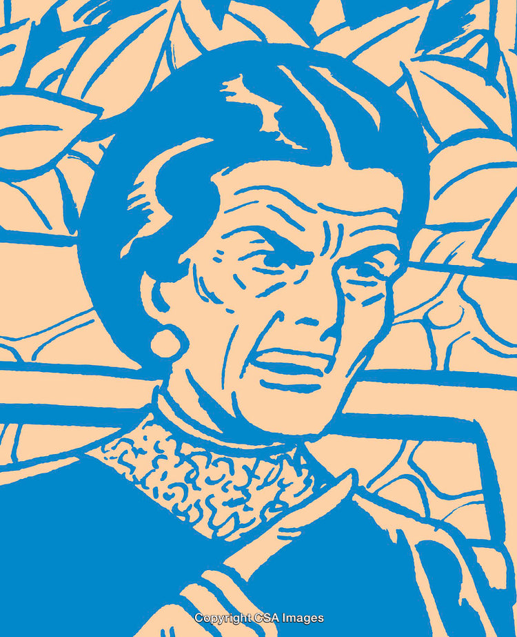 Illustrated Elderly Woman with Finger Pointing on Colorful Background