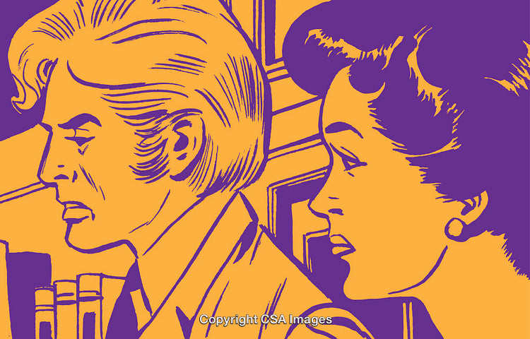 Retro Comic Style Artwork of Two Individuals in a Library Setting