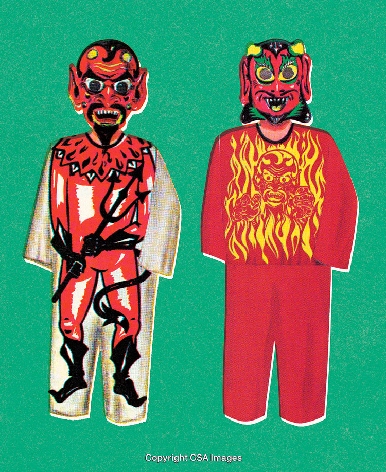 Vintage Halloween Costumes Featuring Devil-Inspired Designs on Vibrant Green Background