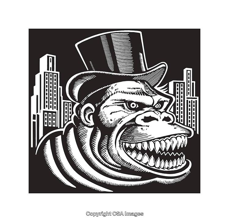 Black and White Illustration of Gorilla in Top Hat with City Background
