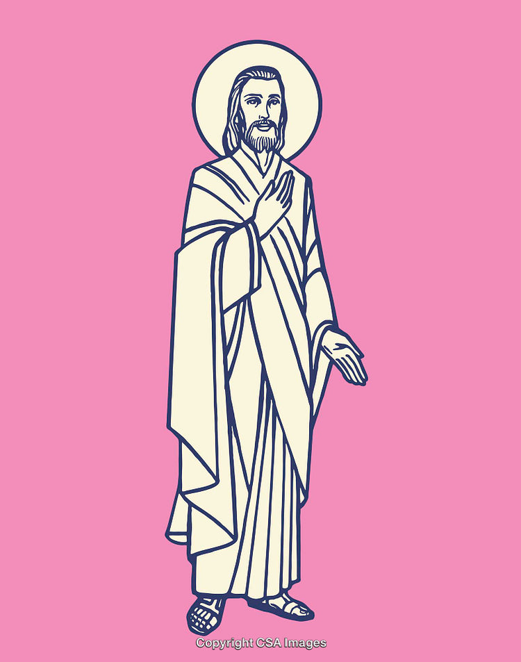 Elegant Line Art Illustration of a Religious Figure on Pink Background