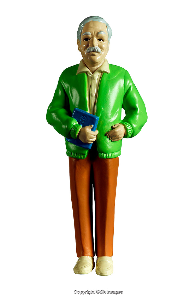 Colorful Plastic Figure Depicting a Smiling Elderly Man in Green Jacket