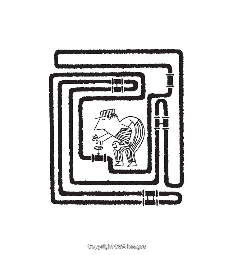 Cartoon Illustration of a Plumber Fixing Pipes in a Complex System