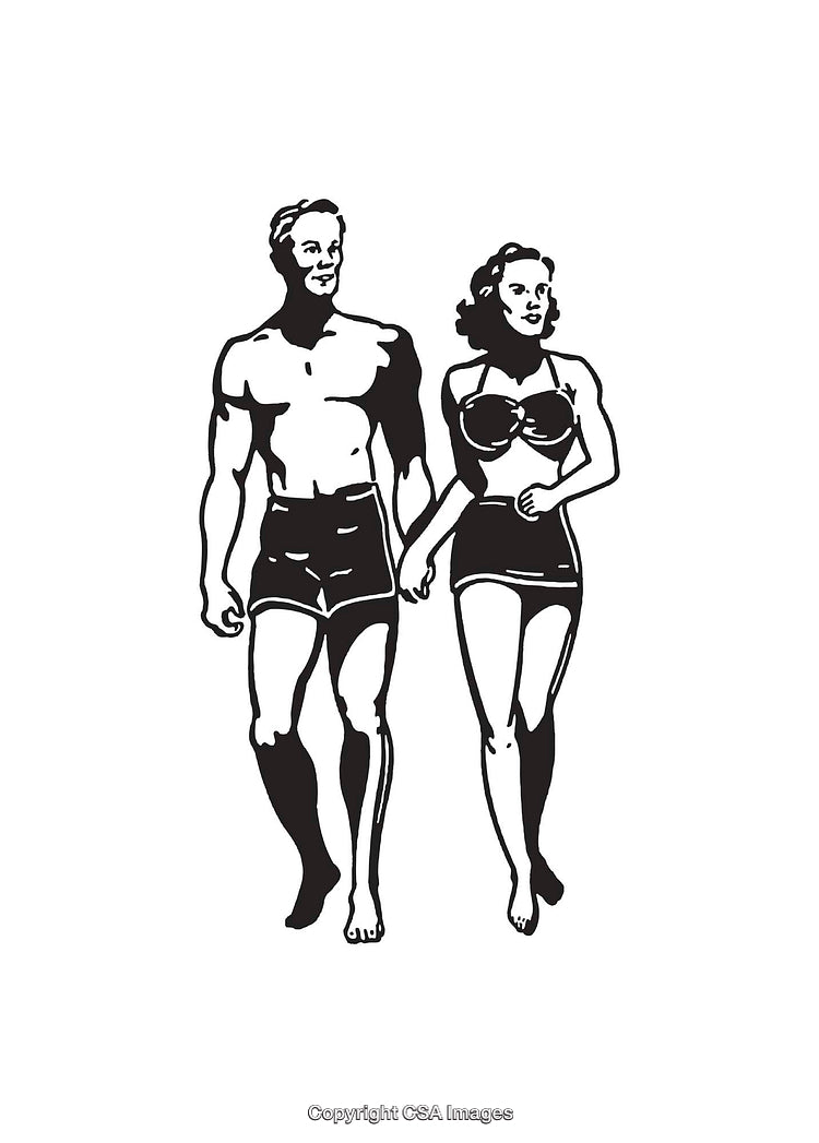 Retro Black and White Line Art of a Walking Couple in Swimwear