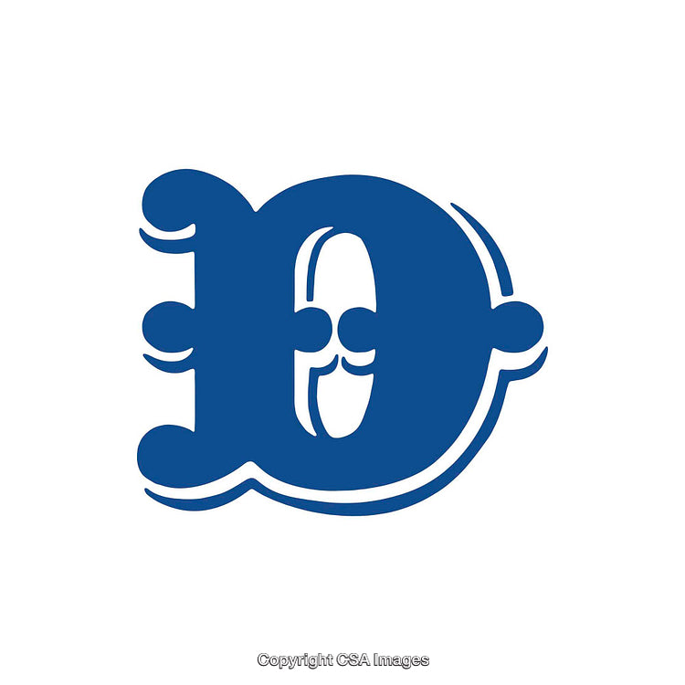 Blue Ornate Letter D in Bold Stylized Typeface on White Background