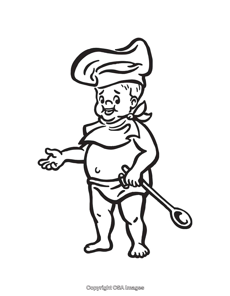 Cartoon Chef Illustration Holding Spoon in Black and White Drawing