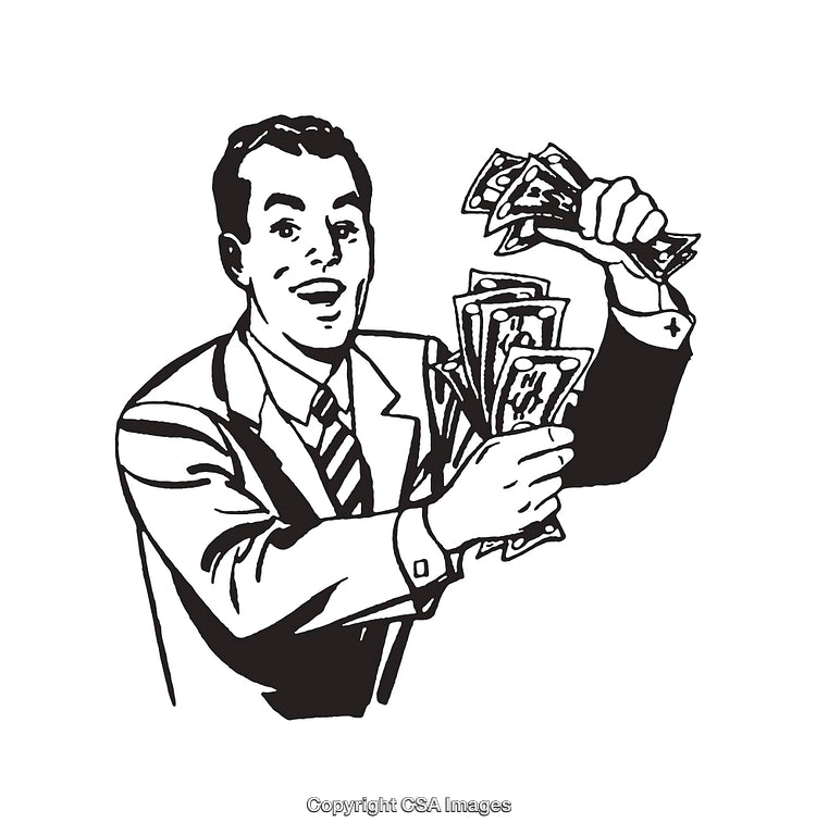 Retro Illustration of a Happy Man Holding a Bundle of Cash