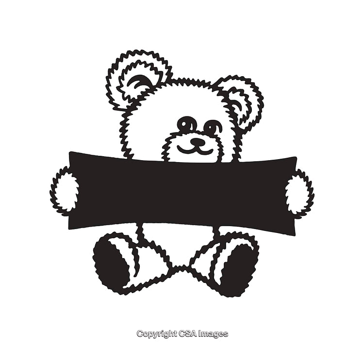 Cute Black and White Teddy Bear Line Art Illustration with Blank Sign