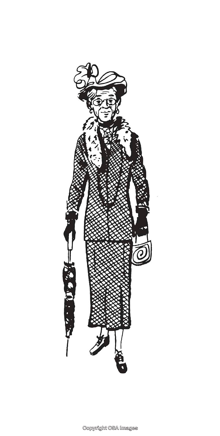 Vintage Line Art Illustration of a Dapperly Dressed Older Woman with Accessories