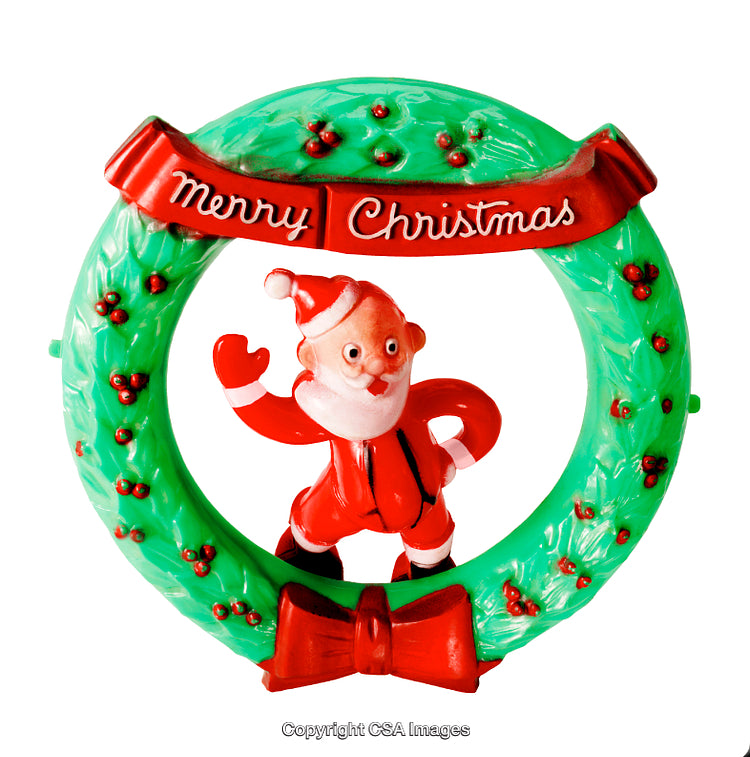 Festive Plastic Wreath Ornament with Santa Claus and Merry Christmas Text