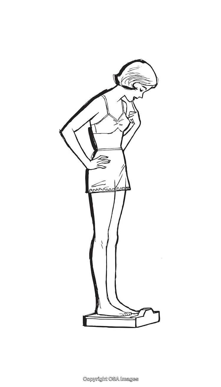 Black and White Line Art Woman Weighing Herself on a Scale