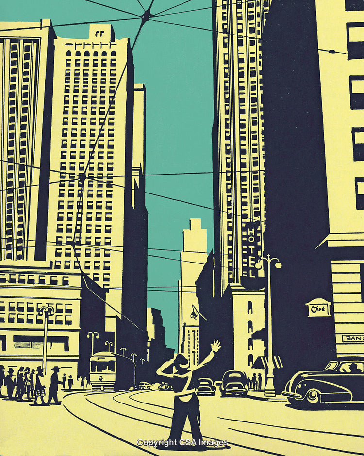 Vintage City Illustration with Buildings, Tram, and Pedestrian in Urban Scene