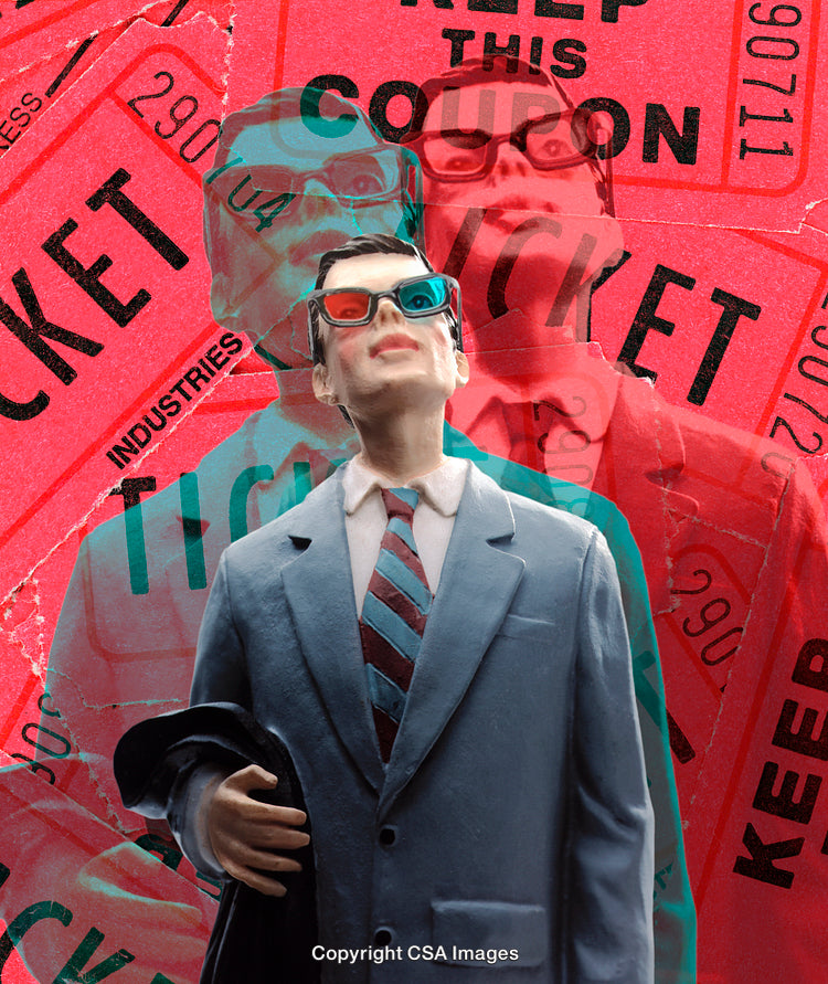 Mannequin with 3D Glasses Surrounded by Vibrant Movie Ticket Background
