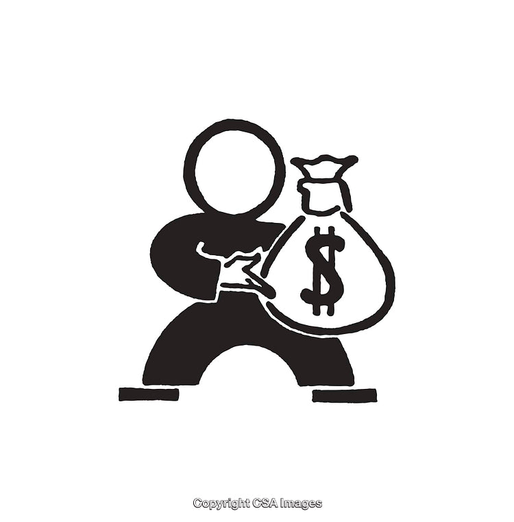 Black And White Line Art of Figure Holding Money Bag With Dollar Symbol