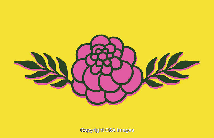 Colorful Pink Flower Illustration with Green Leaves On a Yellow Background