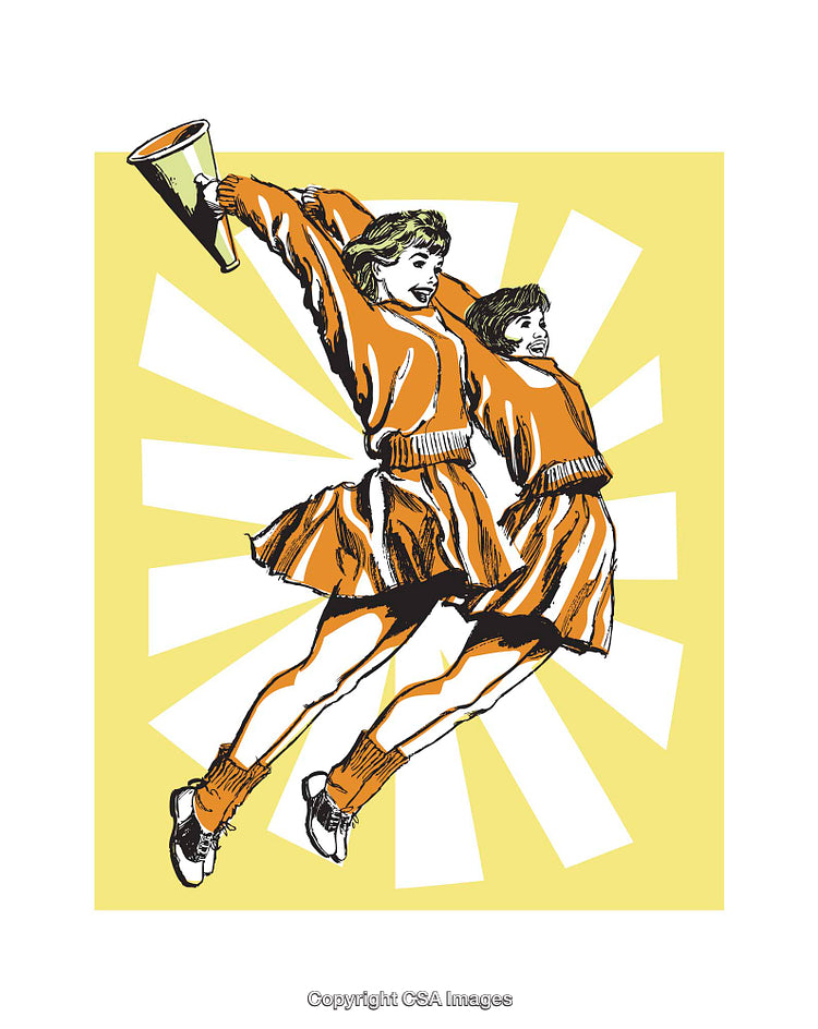 Colorful Illustration of Cheerleaders Jumping With Enthusiasm Holding Megaphone