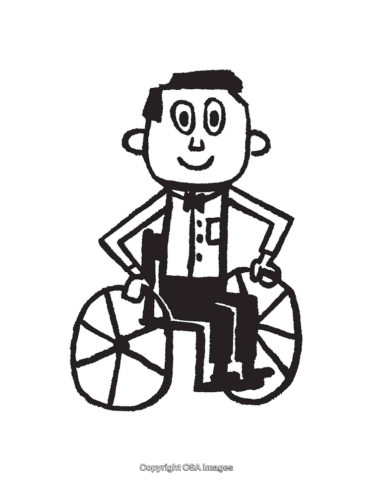 Black and White Line Drawing of a Smiling Man in a Wheelchair