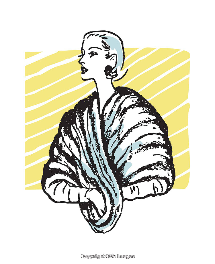 Colorful Illustration of Woman Wearing Elegant Dress with Bold Yellow Background