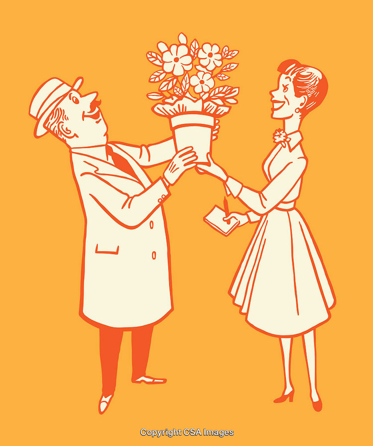 Vintage Style Illustration of a Gentleman Gifting a Blooming Plant to a Lady