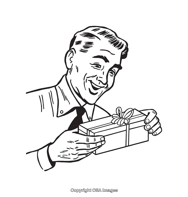 Retro Line Art Illustration of Man Opening a Wrapped Gift Box
