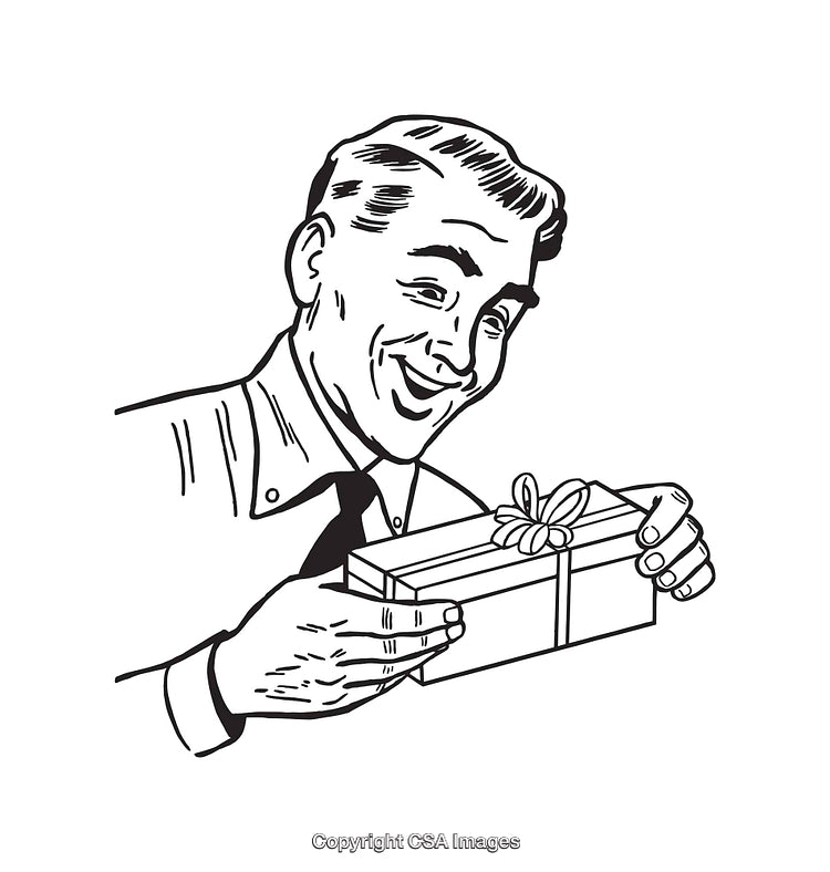 Retro Line Art Illustration of Man Opening a Wrapped Gift Box