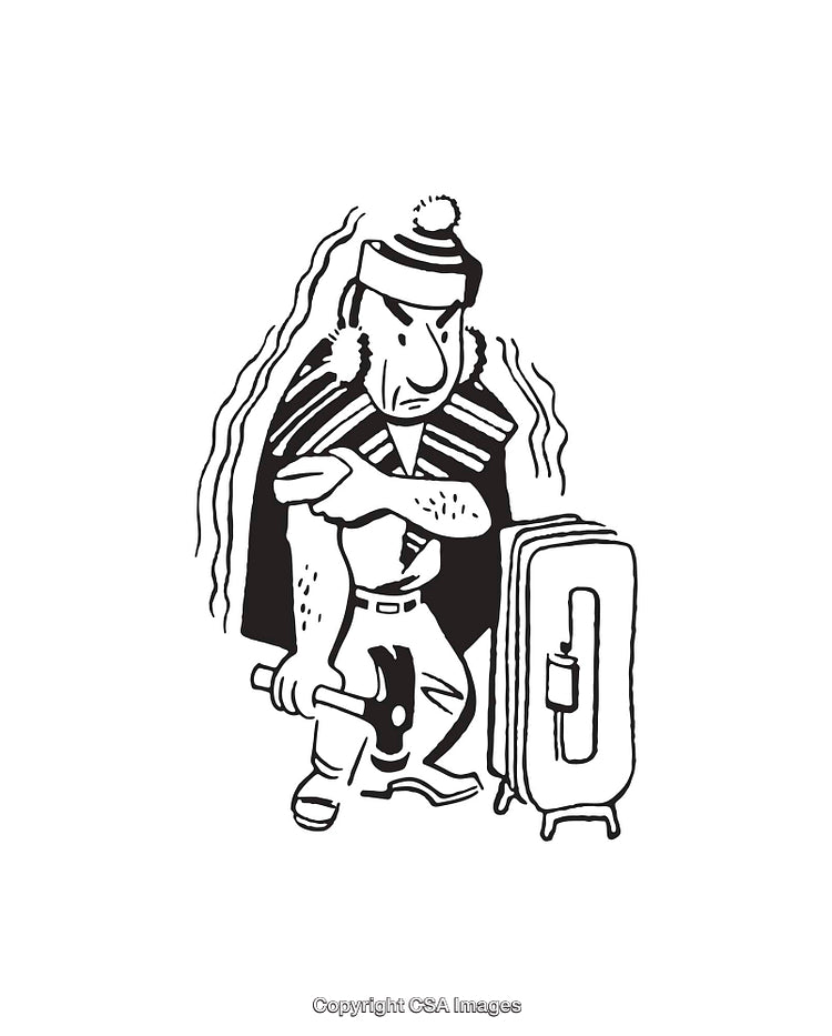 Black And White Illustration of Character With Luggage and Hat