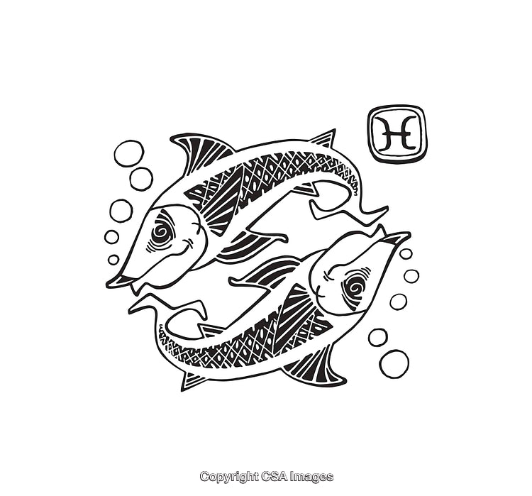 Black and White Pisces Astrology Symbol with Two Decorative Fish Art