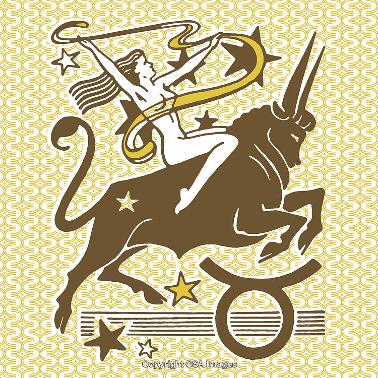 Artistic Representation of a Mythical Woman Riding a Bull with Zodiac Motif