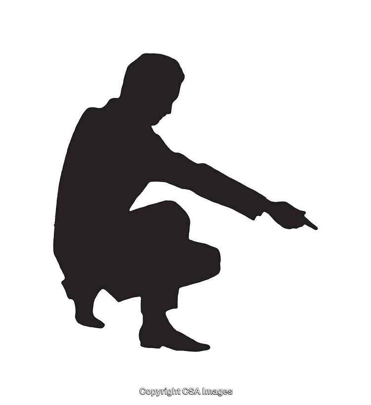 Silhouette of a Squatting Person Gesturing with Hand in Line Art Style