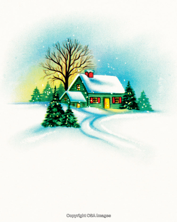 Cozy Winter Cottage Scene with Holiday Atmosphere and Snowy Landscape