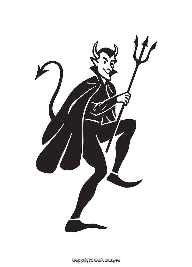 Black And White Line Art Depiction of a Devil Holding a Trident